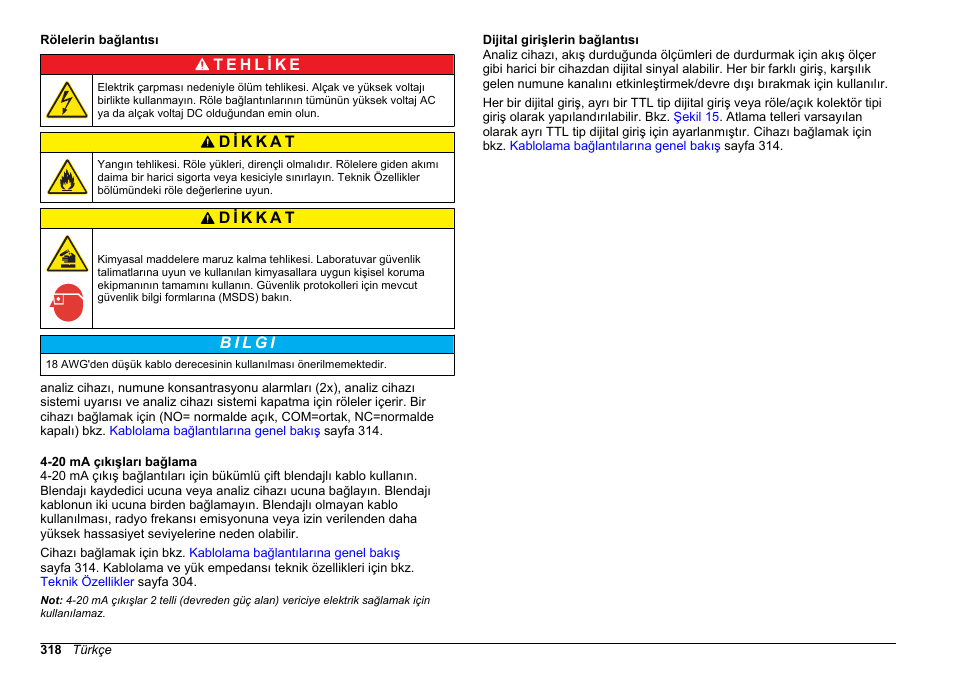 Rölelerin bağlantısı, 20 ma çıkışları bağlama, Dijital girişlerin bağlantısı | Hach-Lange POLYMETRON 9610 sc SiO2 Operations User Manual | Page 318 / 410