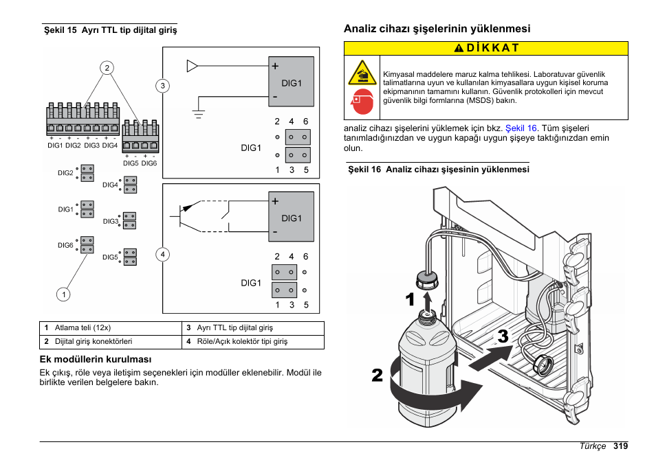 Ek modüllerin kurulması, Analiz cihazı şişelerinin yüklenmesi, Giriş olarak yapılandırılabilir. bkz | Şekil 15, Atlama telleri varsayılan | Hach-Lange POLYMETRON 9610 sc SiO2 Operations User Manual | Page 319 / 410