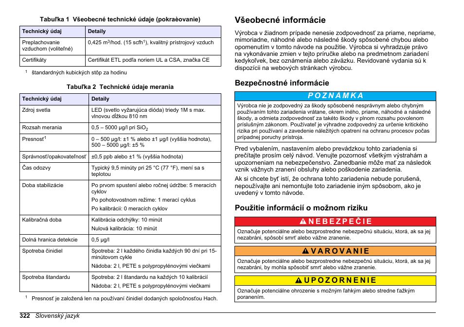 Všeobecné informácie, Bezpečnostné informácie, Použitie informácií o možnom riziku | Na strane 322 | Hach-Lange POLYMETRON 9610 sc SiO2 Operations User Manual | Page 322 / 410
