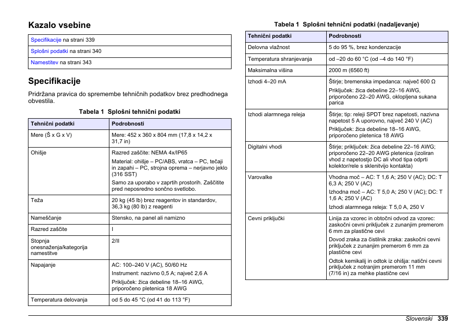 Namestitev, Kazalo vsebine, Specifikacije | Slovenski | Hach-Lange POLYMETRON 9610 sc SiO2 Operations User Manual | Page 339 / 410