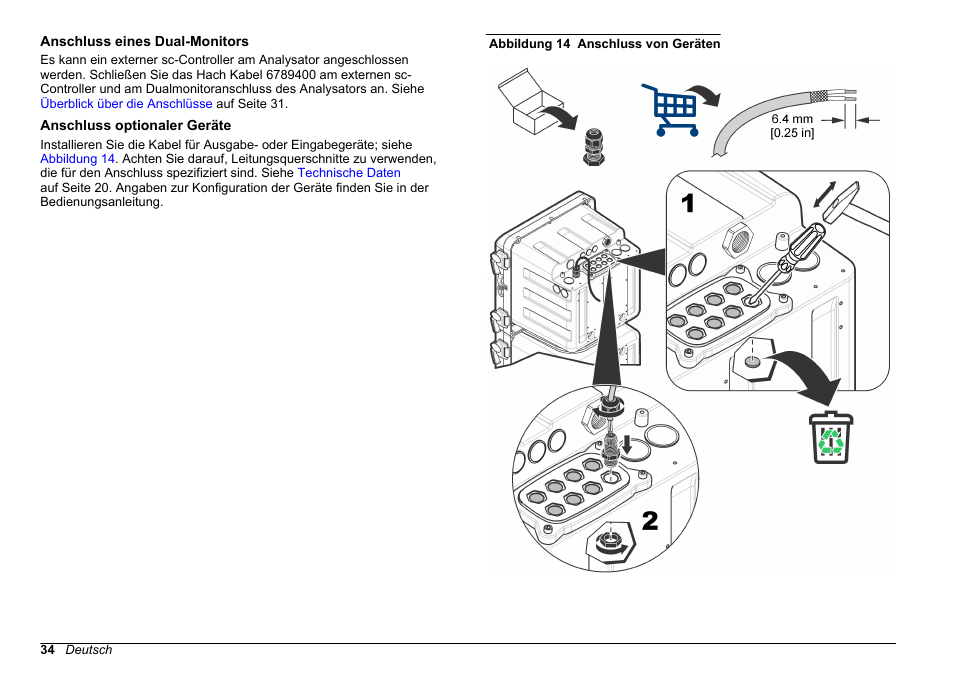 Anschluss eines dual-monitors, Anschluss optionaler geräte, Abbildung 14 | Auf seite 34. um die | Hach-Lange POLYMETRON 9610 sc SiO2 Operations User Manual | Page 34 / 410