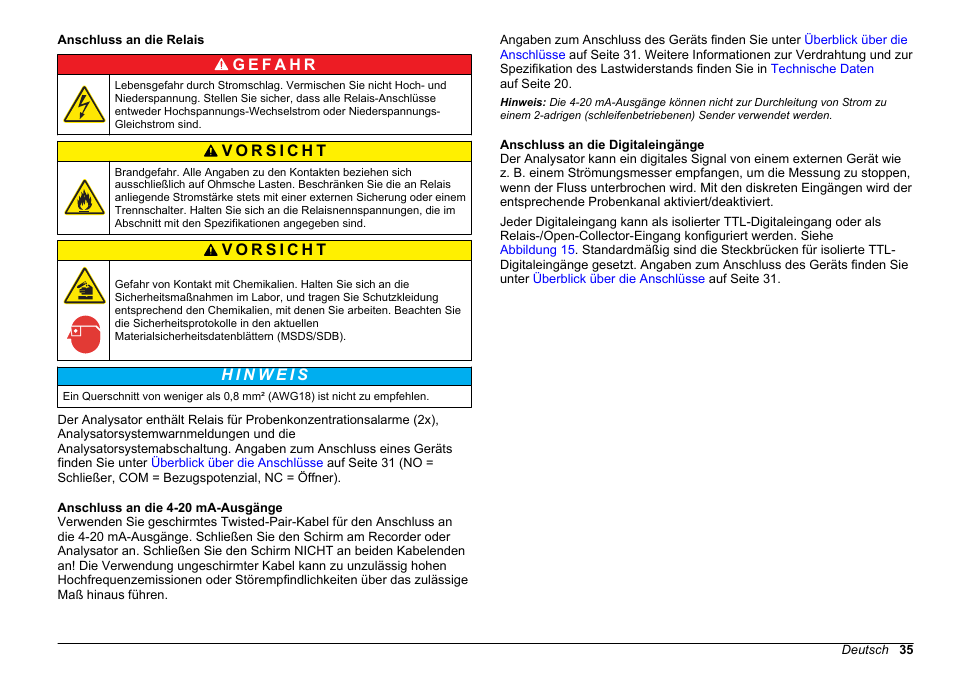Anschluss an die relais, Anschluss an die 4-20 ma-ausgänge, Anschluss an die digitaleingänge | Hach-Lange POLYMETRON 9610 sc SiO2 Operations User Manual | Page 35 / 410