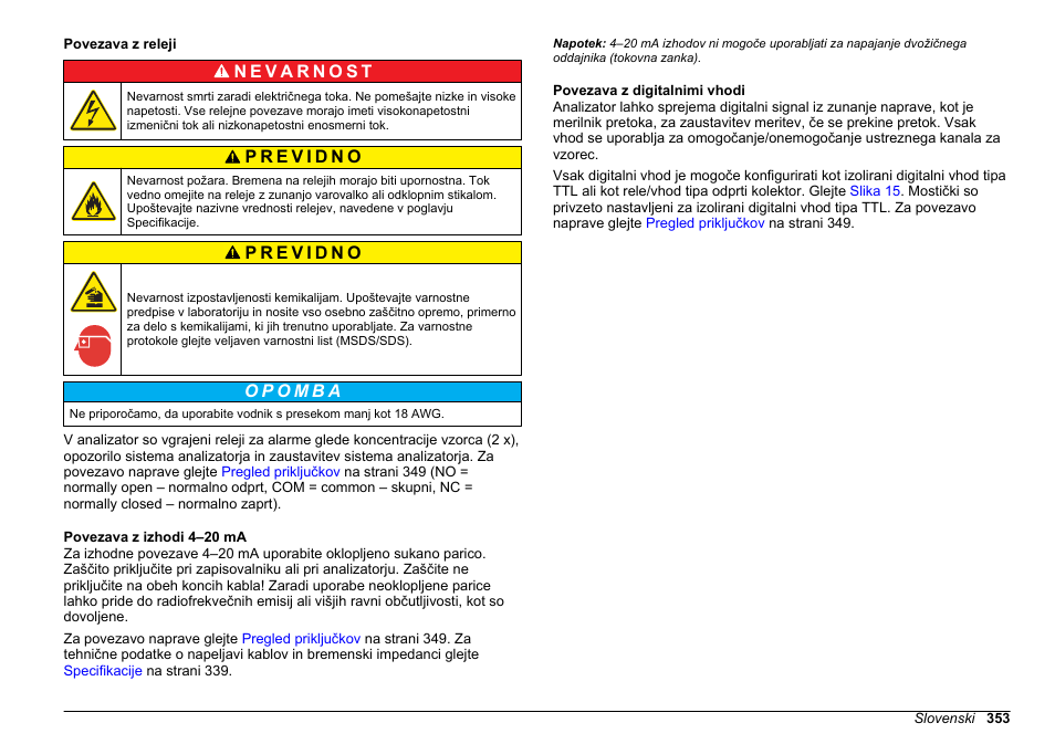 Povezava z releji, Povezava z izhodi 4–20 ma, Povezava z digitalnimi vhodi | Hach-Lange POLYMETRON 9610 sc SiO2 Operations User Manual | Page 353 / 410