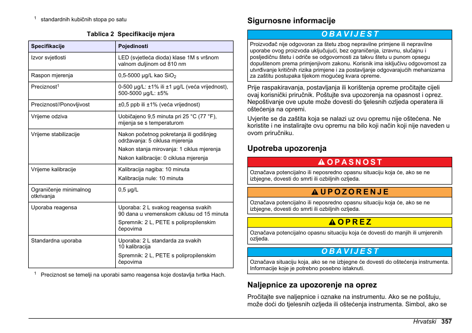 Sigurnosne informacije, Upotreba upozorenja, Naljepnice za upozorenje na oprez | Hach-Lange POLYMETRON 9610 sc SiO2 Operations User Manual | Page 357 / 410