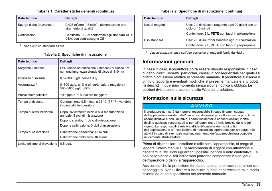 Informazioni generali, Informazioni sulla sicurezza | Hach-Lange POLYMETRON 9610 sc SiO2 Operations User Manual | Page 39 / 410