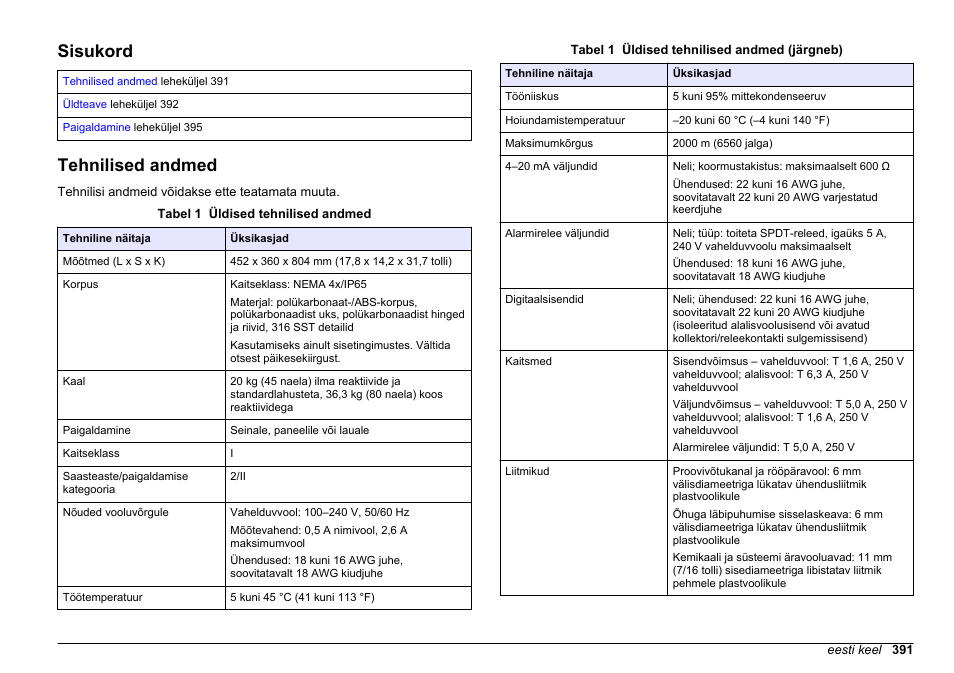Paigaldamine, Sisukord, Tehnilised andmed | Eesti keel | Hach-Lange POLYMETRON 9610 sc SiO2 Operations User Manual | Page 391 / 410
