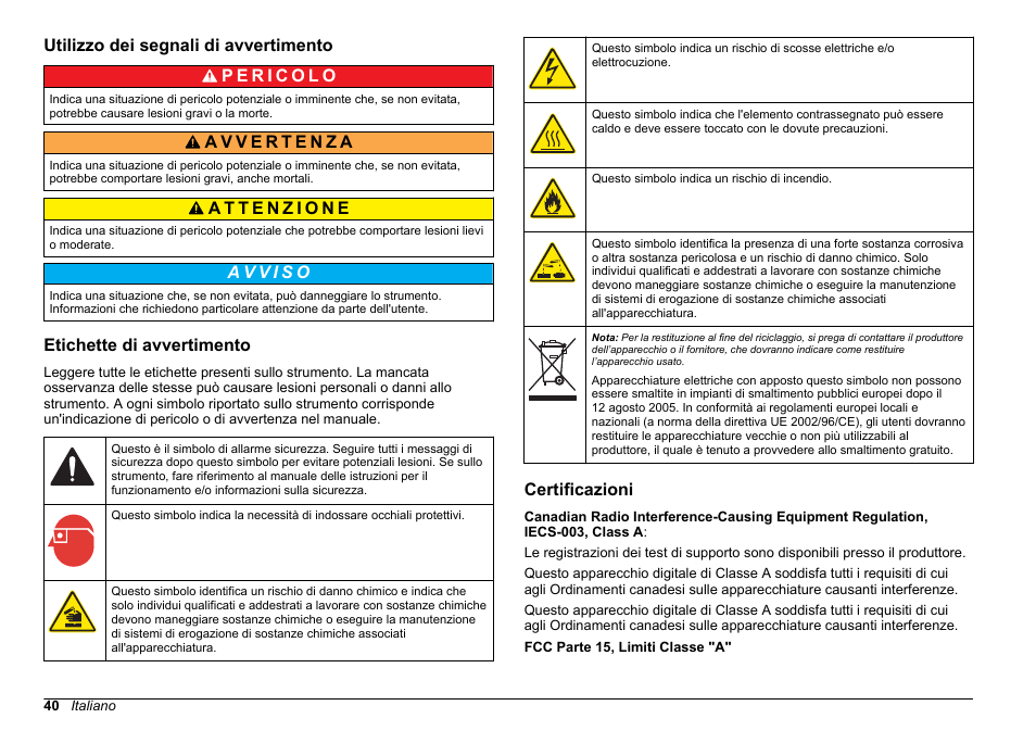 Utilizzo dei segnali di avvertimento, Etichette di avvertimento, Certificazioni | Hach-Lange POLYMETRON 9610 sc SiO2 Operations User Manual | Page 40 / 410