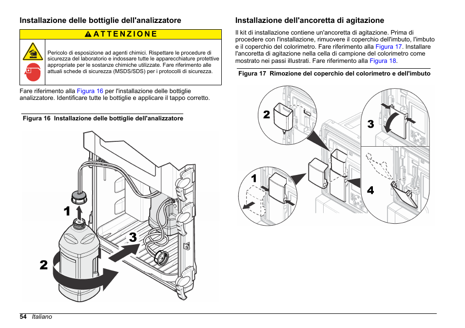 Installazione delle bottiglie dell'analizzatore, Installazione dell'ancoretta di agitazione | Hach-Lange POLYMETRON 9610 sc SiO2 Operations User Manual | Page 54 / 410