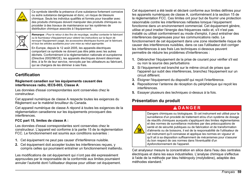 Certification, Présentation du produit | Hach-Lange POLYMETRON 9610 sc SiO2 Operations User Manual | Page 59 / 410