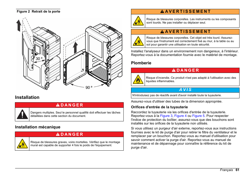 Installation, Installation mécanique, Plomberie | Orifices d'entrée de la tuyauterie, Figure 2 | Hach-Lange POLYMETRON 9610 sc SiO2 Operations User Manual | Page 61 / 410