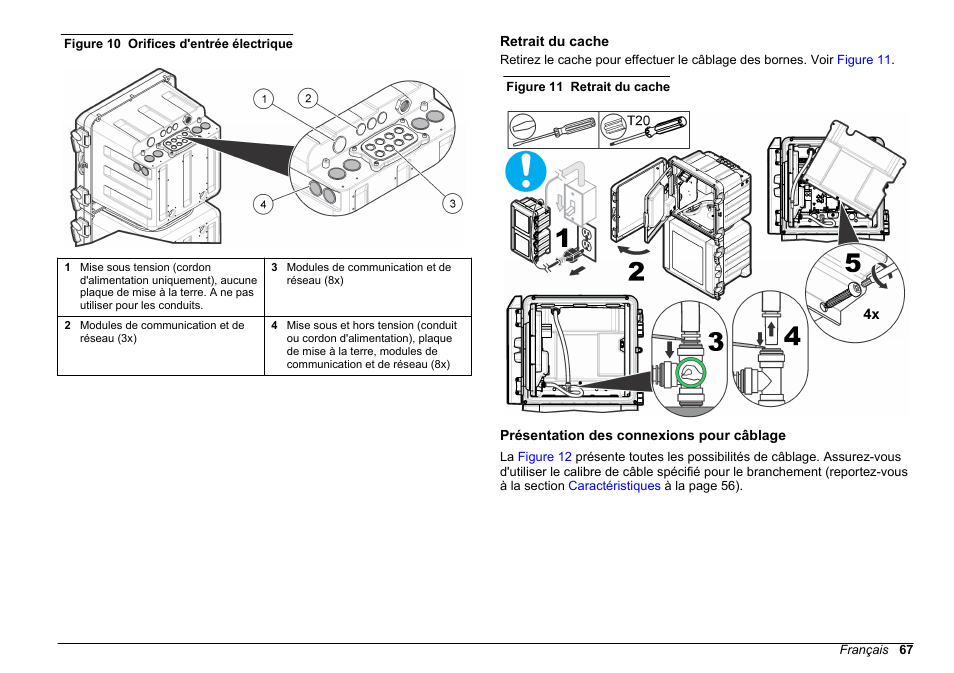 Retrait du cache, Présentation des connexions pour câblage, Voir | Figure 10 | Hach-Lange POLYMETRON 9610 sc SiO2 Operations User Manual | Page 67 / 410