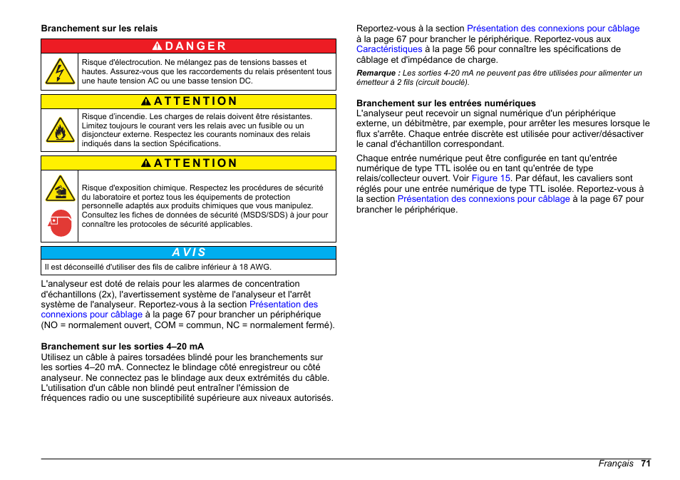 Branchement sur les relais, Branchement sur les sorties 4–20 ma, Branchement sur les entrées numériques | A v i s | Hach-Lange POLYMETRON 9610 sc SiO2 Operations User Manual | Page 71 / 410