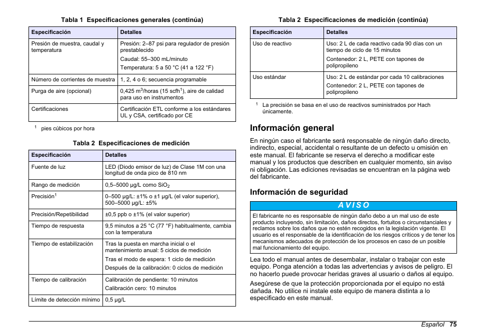 Información general, Información de seguridad | Hach-Lange POLYMETRON 9610 sc SiO2 Operations User Manual | Page 75 / 410