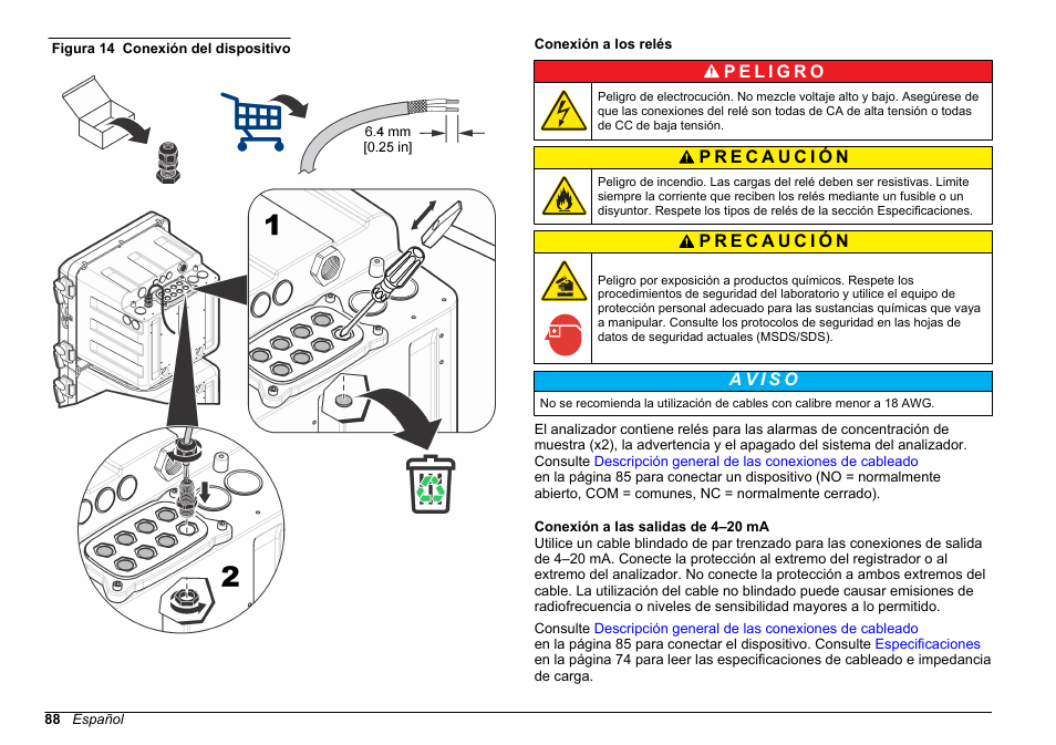 Conexión a los relés, Conexión a las salidas de 4–20 ma, Figura 14 | Asegúrese de utilizar el calibrador de cables | Hach-Lange POLYMETRON 9610 sc SiO2 Operations User Manual | Page 88 / 410