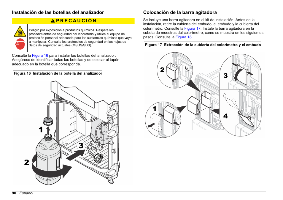 Instalación de las botellas del analizador, Colocación de la barra agitadora | Hach-Lange POLYMETRON 9610 sc SiO2 Operations User Manual | Page 90 / 410
