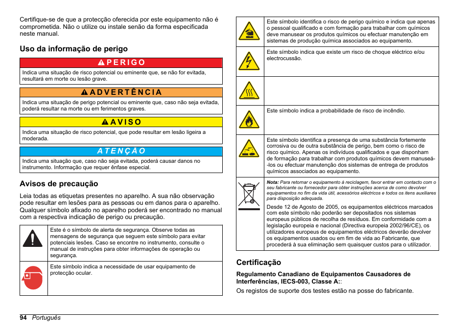 Uso da informação de perigo, Avisos de precaução, Certificação | Hach-Lange POLYMETRON 9610 sc SiO2 Operations User Manual | Page 94 / 410