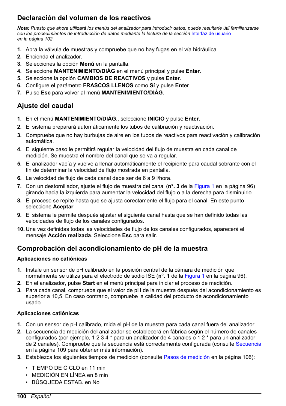 Declaración del volumen de los reactivos, Ajuste del caudal | Hach-Lange POLYMETRON 9240 Basic User Manual User Manual | Page 100 / 162