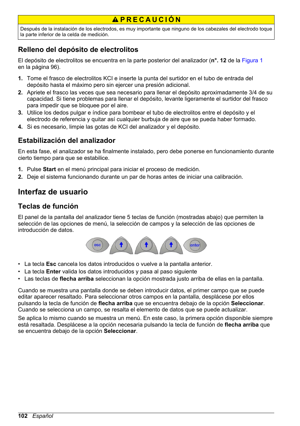 Relleno del depósito de electrolitos, Estabilización del analizador, Interfaz de usuario | Teclas de función | Hach-Lange POLYMETRON 9240 Basic User Manual User Manual | Page 102 / 162
