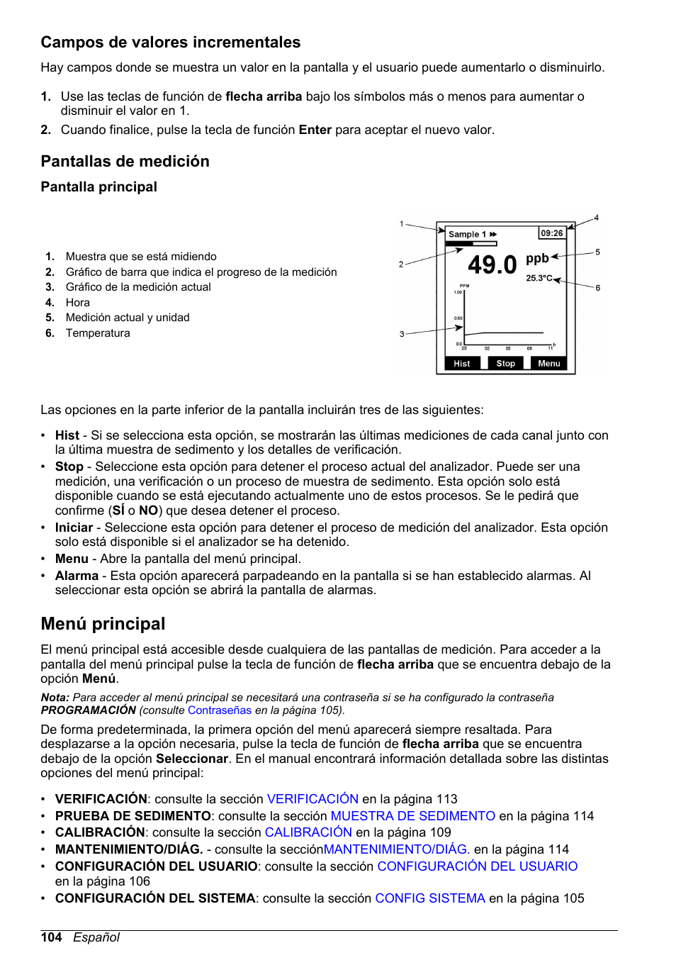 Campos de valores incrementales, Pantallas de medición, Pantalla principal | Menú principal | Hach-Lange POLYMETRON 9240 Basic User Manual User Manual | Page 104 / 162