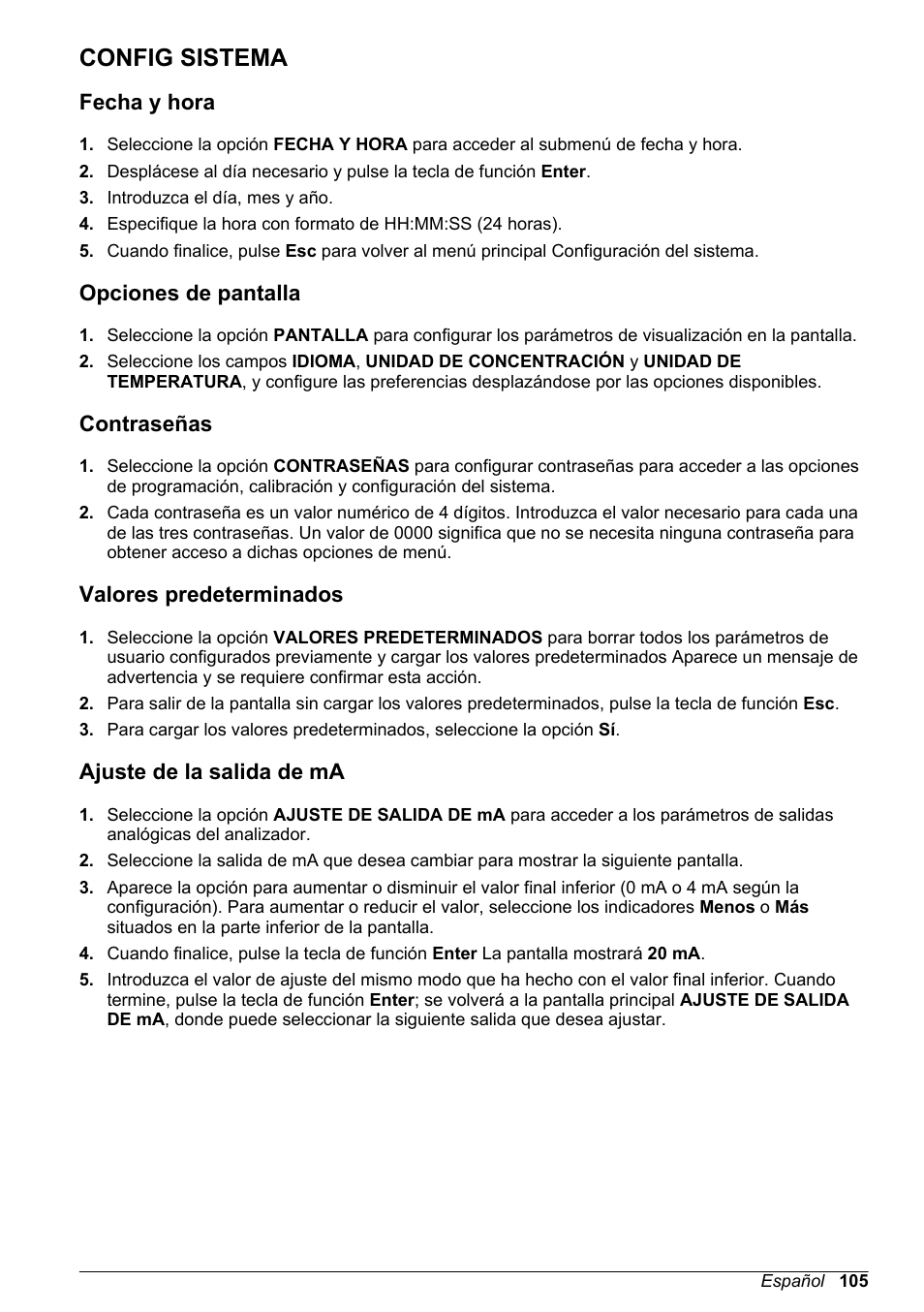 Config sistema, Fecha y hora, Opciones de pantalla | Contraseñas, Valores predeterminados, Ajuste de la salida de ma, Consulte la sección | Hach-Lange POLYMETRON 9240 Basic User Manual User Manual | Page 105 / 162