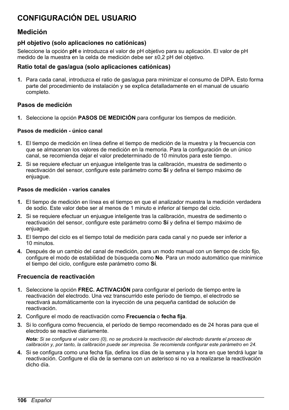 Configuración del usuario, Medición, Ph objetivo (solo aplicaciones no catiónicas) | Pasos de medición, Pasos de medición - único canal, Pasos de medición - varios canales, Frecuencia de reactivación, Ratio total de gas/agua, Solo aplicaciones catiónicas), Consulte la sección | Hach-Lange POLYMETRON 9240 Basic User Manual User Manual | Page 106 / 162
