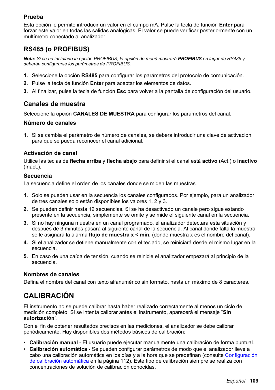 Prueba, Rs485 (o profibus), Canales de muestra | Número de canales, Activación de canal, Secuencia, Nombres de canales, Calibración | Hach-Lange POLYMETRON 9240 Basic User Manual User Manual | Page 109 / 162