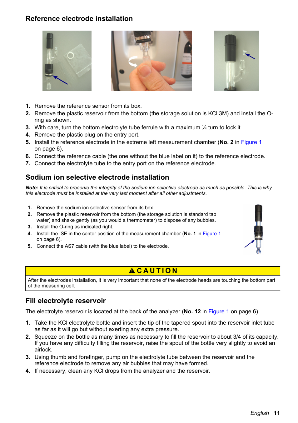 Reference electrode installation, Sodium ion selective electrode installation, Fill electrolyte reservoir | Hach-Lange POLYMETRON 9240 Basic User Manual User Manual | Page 11 / 162