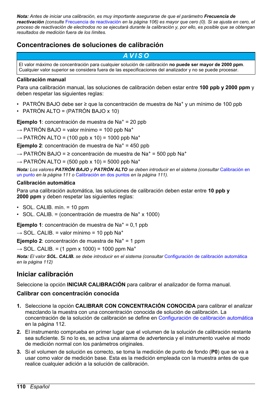 Concentraciones de soluciones de calibración, Iniciar calibración, Calibrar con concentración conocida | Hach-Lange POLYMETRON 9240 Basic User Manual User Manual | Page 110 / 162