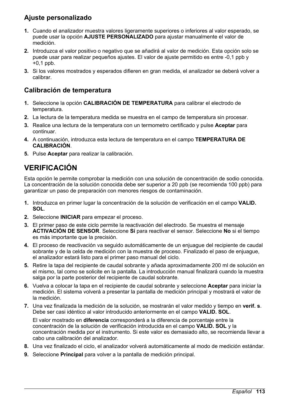 Ajuste personalizado, Calibración de temperatura, Verificación | Hach-Lange POLYMETRON 9240 Basic User Manual User Manual | Page 113 / 162