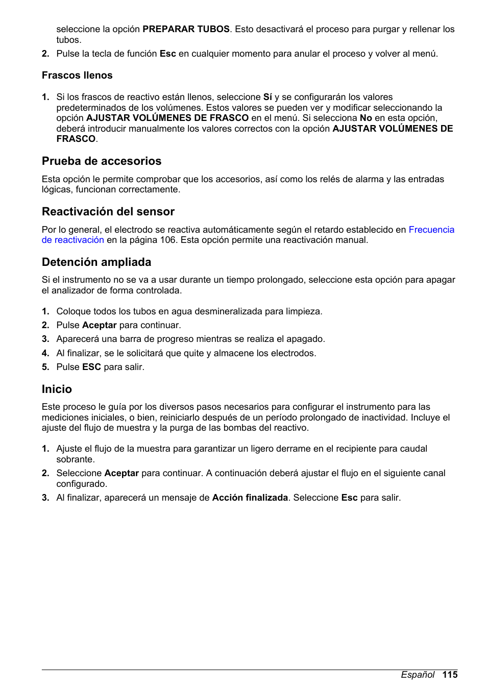 Frascos llenos, Prueba de accesorios, Reactivación del sensor | Detención ampliada, Inicio | Hach-Lange POLYMETRON 9240 Basic User Manual User Manual | Page 115 / 162