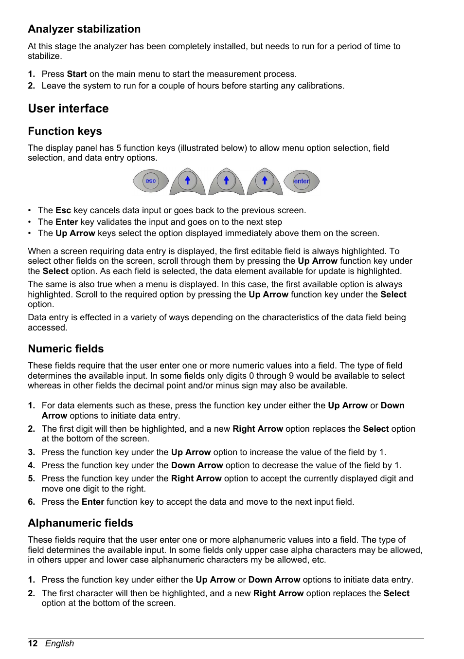 Analyzer stabilization, User interface, Function keys | Numeric fields, Alphanumeric fields | Hach-Lange POLYMETRON 9240 Basic User Manual User Manual | Page 12 / 162