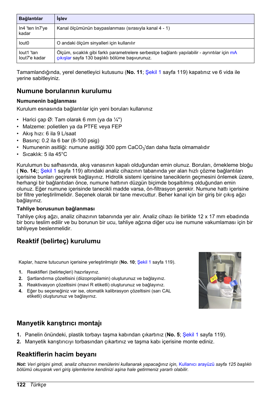 Numune borularının kurulumu, Reaktif (belirteç) kurulumu, Manyetik karıştırıcı montajı | Reaktiflerin hacim beyanı | Hach-Lange POLYMETRON 9240 Basic User Manual User Manual | Page 122 / 162