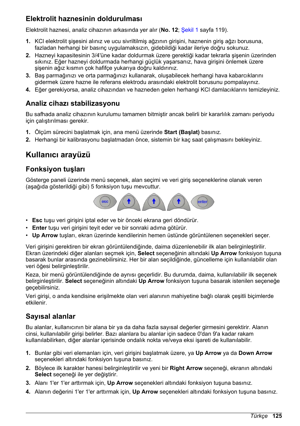 Elektrolit haznesinin doldurulması, Analiz cihazı stabilizasyonu, Kullanıcı arayüzü | Fonksiyon tuşları, Sayısal alanlar | Hach-Lange POLYMETRON 9240 Basic User Manual User Manual | Page 125 / 162