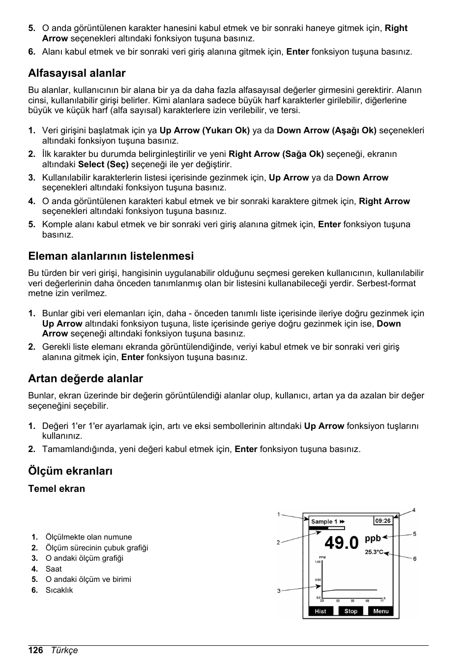 Alfasayısal alanlar, Eleman alanlarının listelenmesi, Artan değerde alanlar | Ölçüm ekranları, Temel ekran | Hach-Lange POLYMETRON 9240 Basic User Manual User Manual | Page 126 / 162