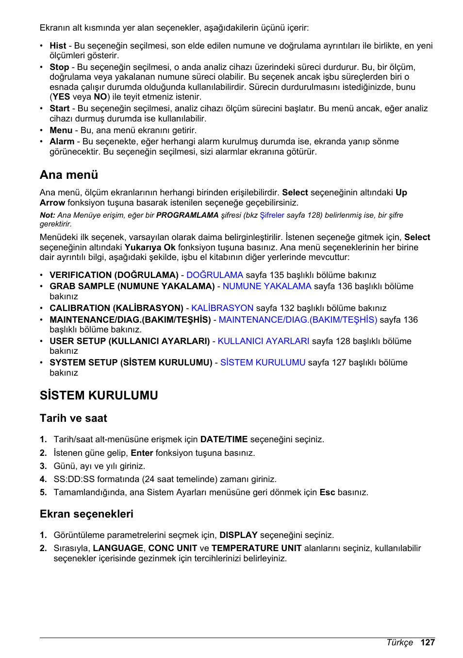 Ana menü, Sistem kurulumu, Tarih ve saat | Ekran seçenekleri | Hach-Lange POLYMETRON 9240 Basic User Manual User Manual | Page 127 / 162
