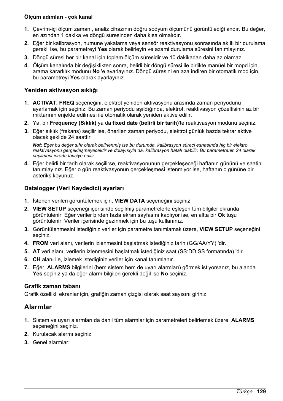 Ölçüm adımları - çok kanal, Yeniden aktivasyon sıklığı, Datalogger (veri kaydedici) ayarları | Grafik zaman tabanı, Alarmlar | Hach-Lange POLYMETRON 9240 Basic User Manual User Manual | Page 129 / 162
