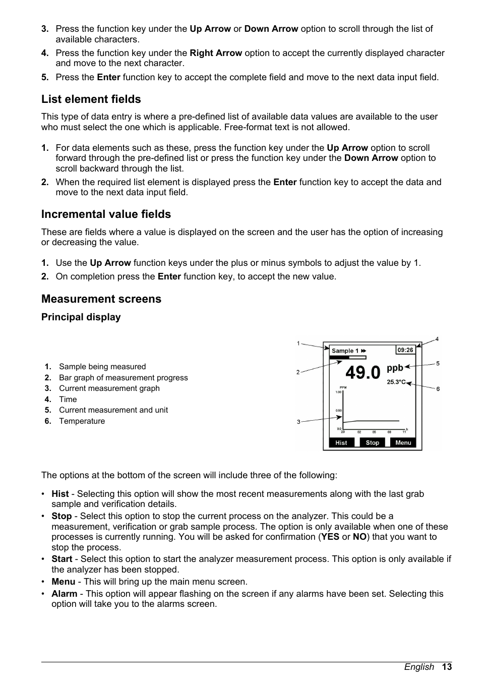 List element fields, Incremental value fields, Measurement screens | Principal display | Hach-Lange POLYMETRON 9240 Basic User Manual User Manual | Page 13 / 162