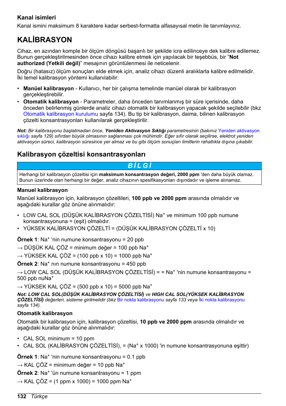 Kanal isimleri, Kalibrasyon, Kalibrasyon çözeltisi konsantrasyonları | Hach-Lange POLYMETRON 9240 Basic User Manual User Manual | Page 132 / 162