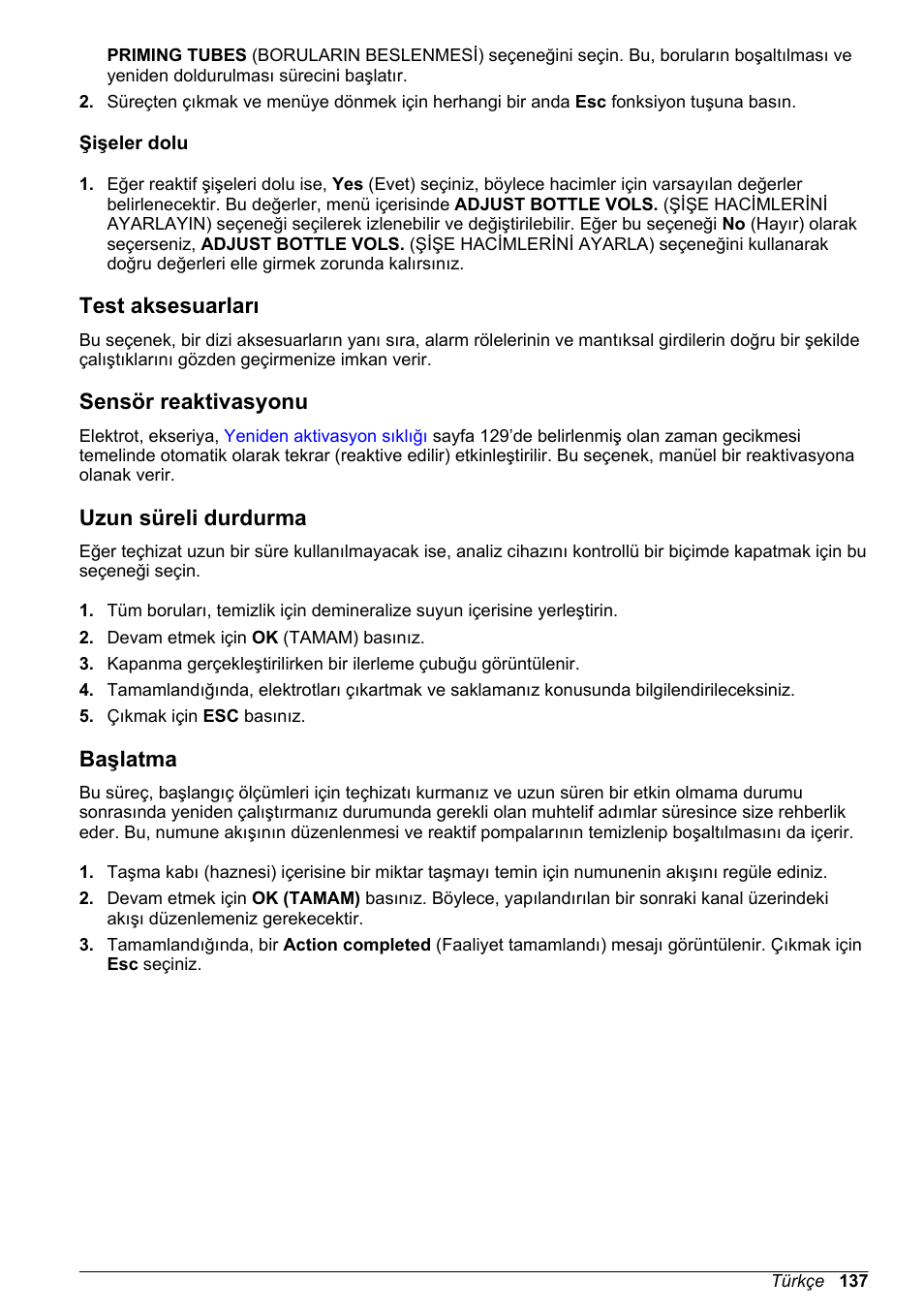 Şişeler dolu, Test aksesuarları, Sensör reaktivasyonu | Uzun süreli durdurma, Başlatma | Hach-Lange POLYMETRON 9240 Basic User Manual User Manual | Page 137 / 162