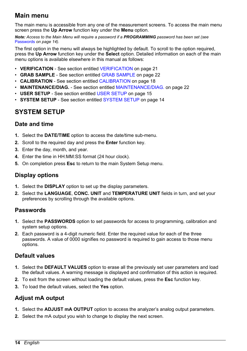 Main menu, System setup, Date and time | Display options, Passwords, Default values, Adjust ma output | Hach-Lange POLYMETRON 9240 Basic User Manual User Manual | Page 14 / 162