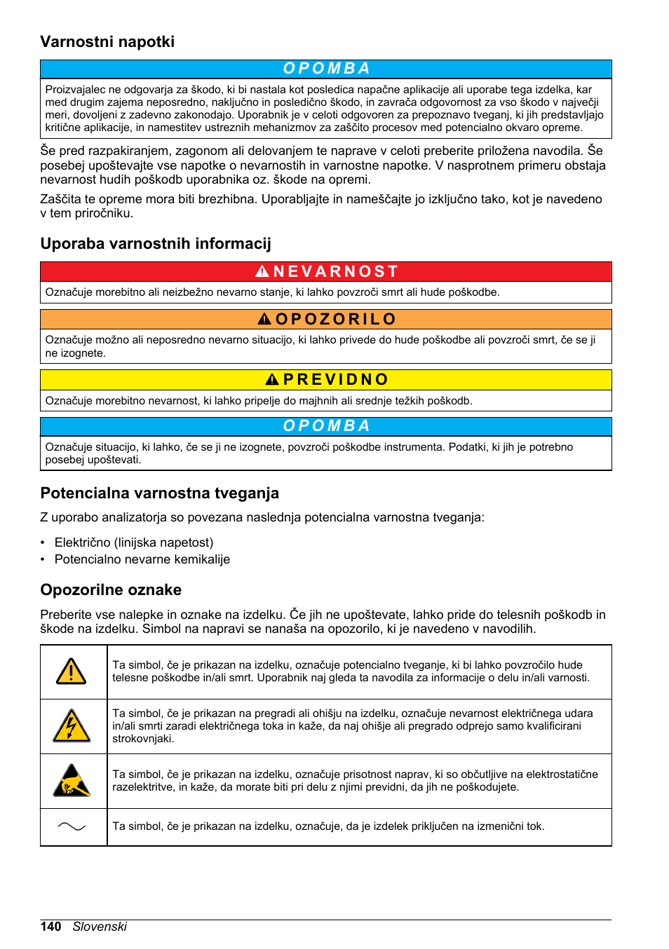 Varnostni napotki, Uporaba varnostnih informacij, Potencialna varnostna tveganja | Opozorilne oznake | Hach-Lange POLYMETRON 9240 Basic User Manual User Manual | Page 140 / 162