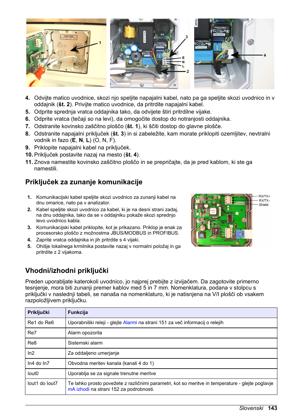 Priključek za zunanje komunikacije, Vhodni/‍izhodni priključki, Vhodni/izhodni priključki | Hach-Lange POLYMETRON 9240 Basic User Manual User Manual | Page 143 / 162