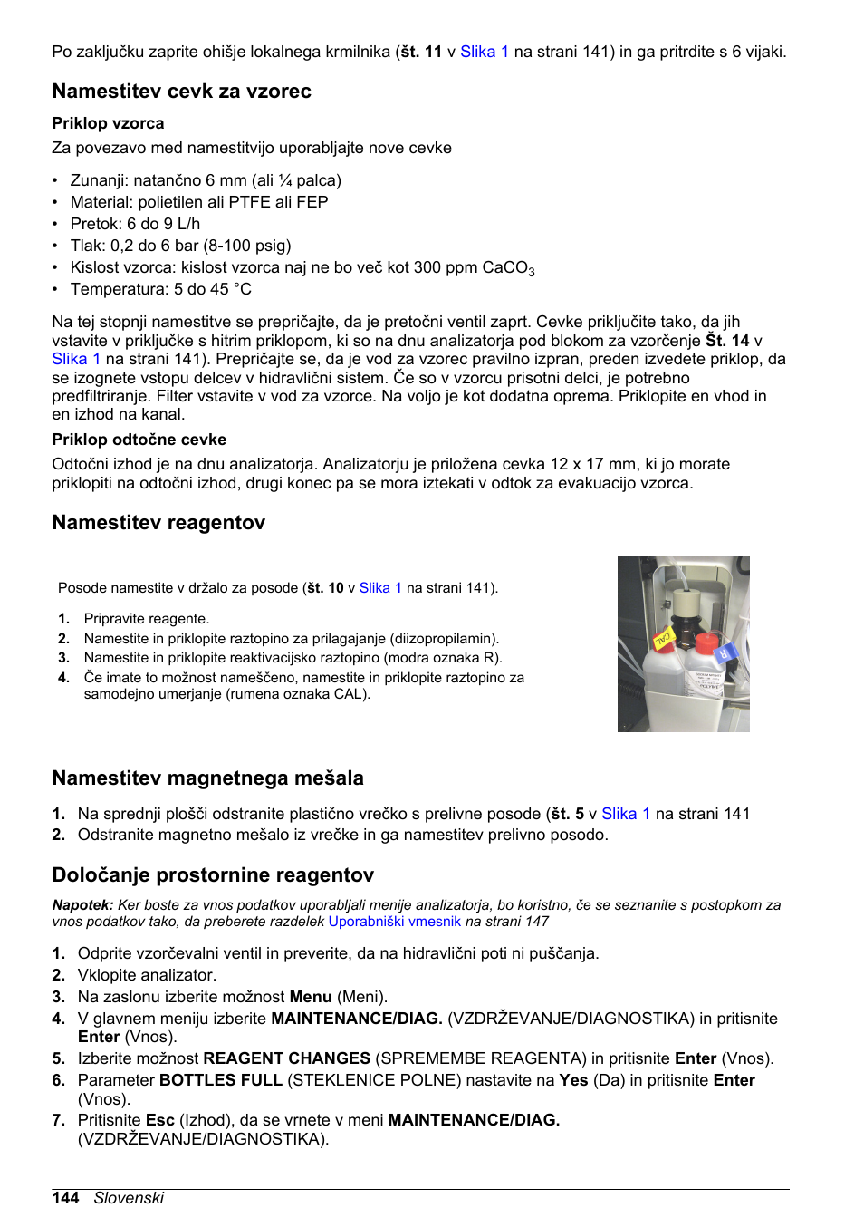 Namestitev cevk za vzorec, Namestitev reagentov, Namestitev magnetnega mešala | Določanje prostornine reagentov | Hach-Lange POLYMETRON 9240 Basic User Manual User Manual | Page 144 / 162