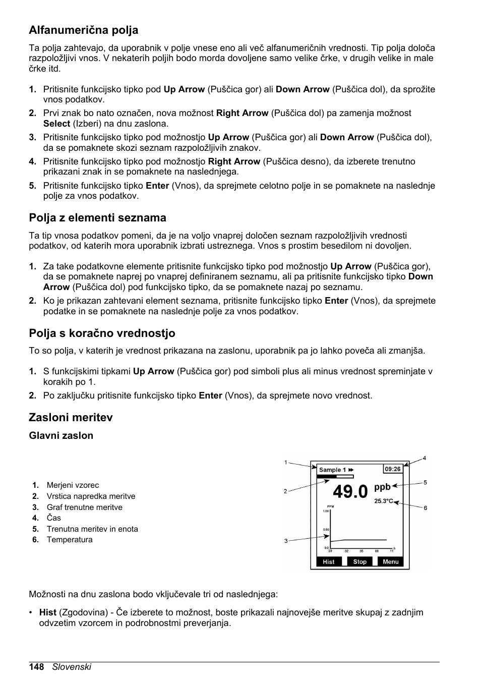 Alfanumerična polja, Polja z elementi seznama, Polja s koračno vrednostjo | Zasloni meritev, Glavni zaslon | Hach-Lange POLYMETRON 9240 Basic User Manual User Manual | Page 148 / 162