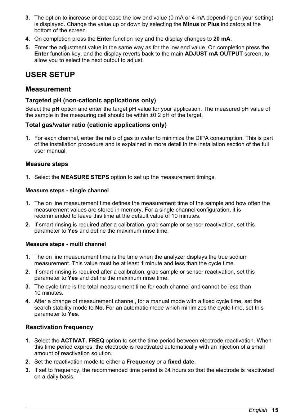 User setup, Measurement, Targeted ph (non-cationic applications only) | Measure steps, Measure steps - single channel, Measure steps - multi channel, Reactivation frequency, Set the following measurement timings (see, Total gas/water ratio (cationic applications only) | Hach-Lange POLYMETRON 9240 Basic User Manual User Manual | Page 15 / 162