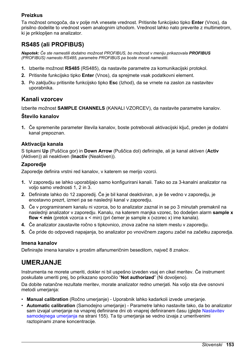 Preizkus, Rs485 (ali profibus), Kanali vzorcev | Število kanalov, Aktivacija kanala, Zaporedje, Imena kanalov, Umerjanje | Hach-Lange POLYMETRON 9240 Basic User Manual User Manual | Page 153 / 162