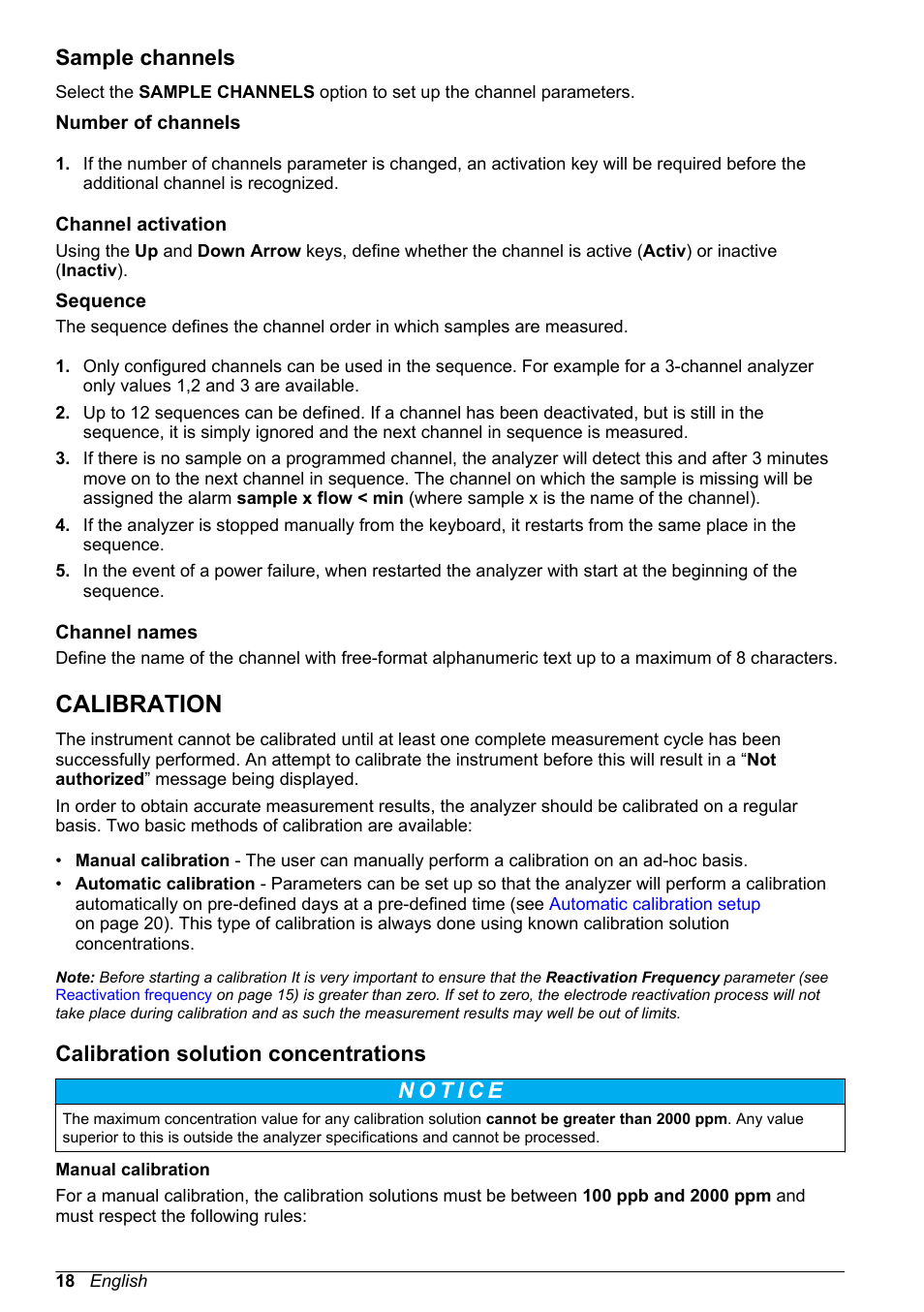 Sample channels, Number of channels, Channel activation | Sequence, Channel names, Calibration, Calibration solution concentrations, Sequence is correctly setup (see | Hach-Lange POLYMETRON 9240 Basic User Manual User Manual | Page 18 / 162