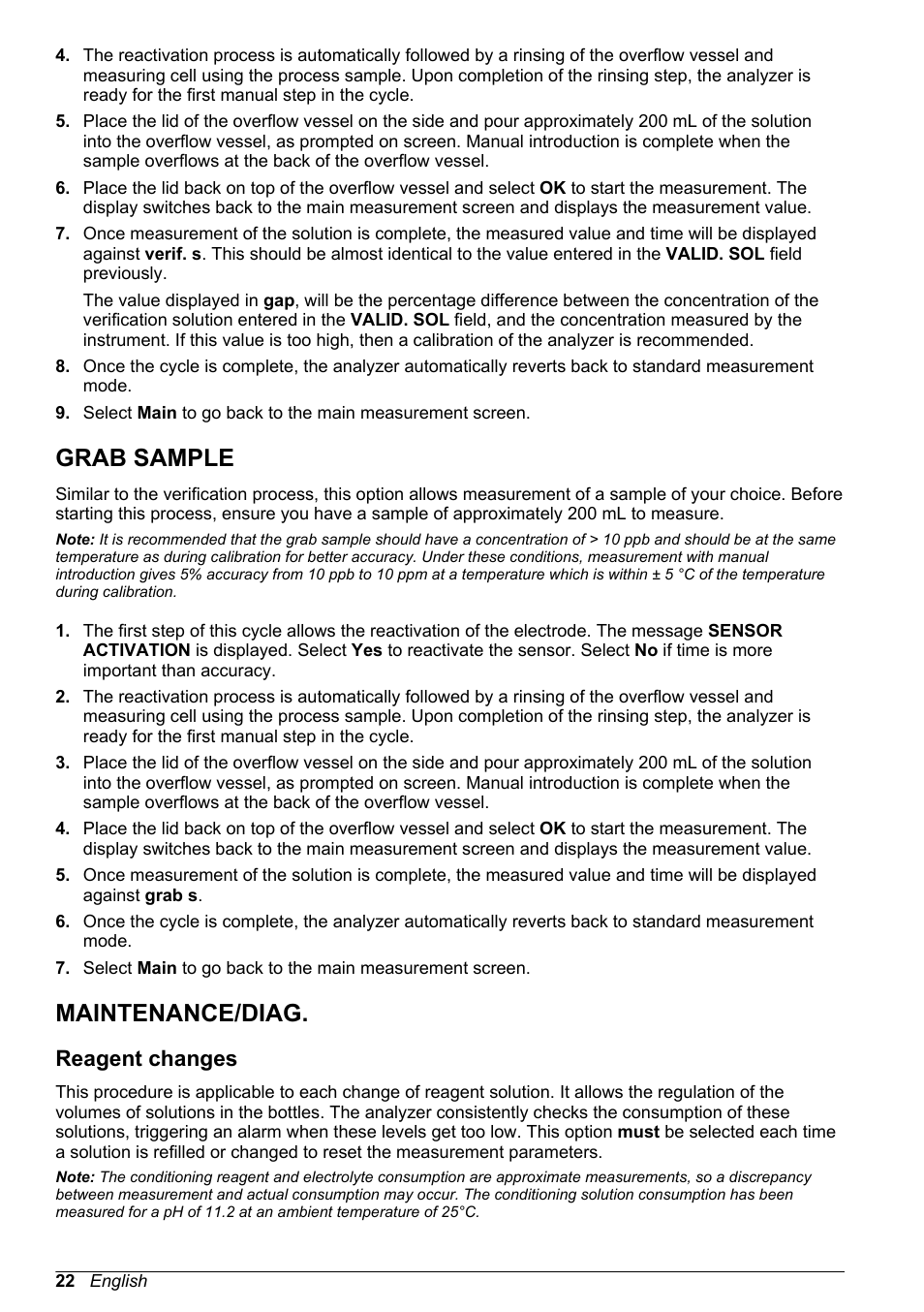 Grab sample, Maintenance/‍diag, Reagent changes | See section entitled, Maintenance/diag | Hach-Lange POLYMETRON 9240 Basic User Manual User Manual | Page 22 / 162