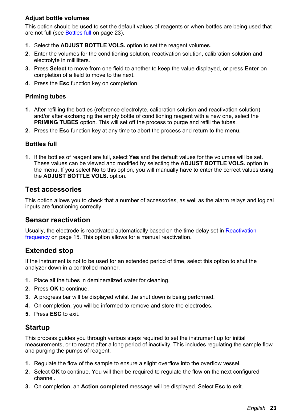 Adjust bottle volumes, Priming tubes, Bottles full | Test accessories, Sensor reactivation, Extended stop, Startup | Hach-Lange POLYMETRON 9240 Basic User Manual User Manual | Page 23 / 162
