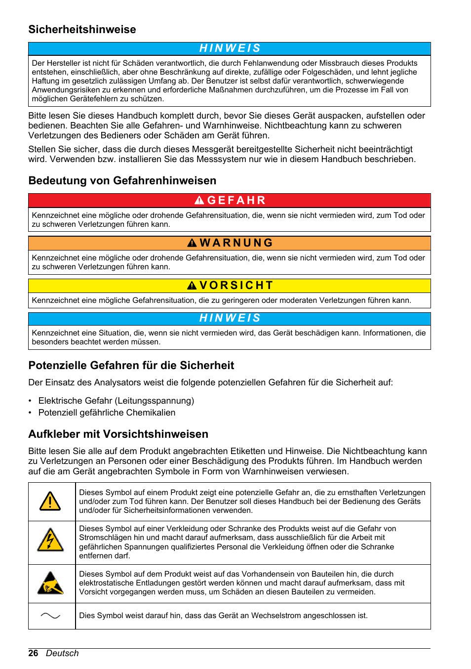 Sicherheitshinweise, Bedeutung von gefahrenhinweisen, Potenzielle gefahren für die sicherheit | Aufkleber mit vorsichtshinweisen | Hach-Lange POLYMETRON 9240 Basic User Manual User Manual | Page 26 / 162